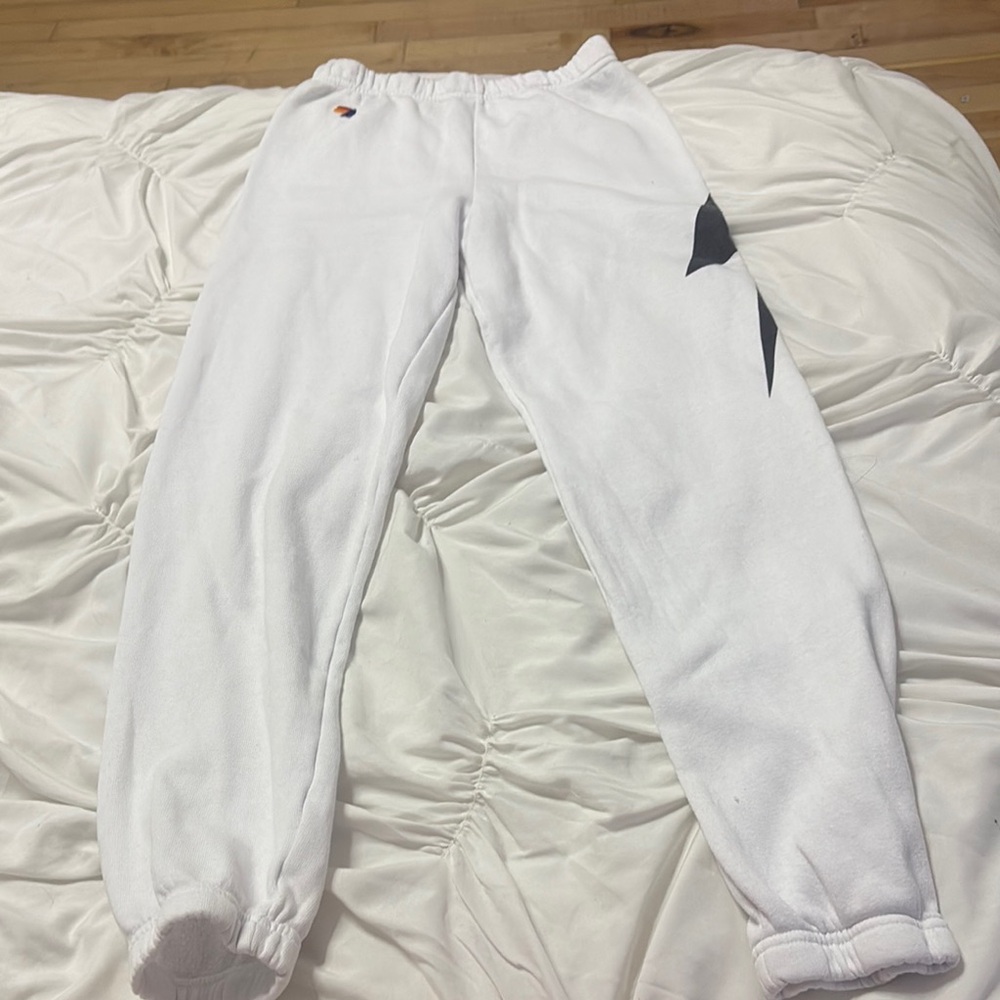 White Aviator nation Sweatpants with Black lightning bolt